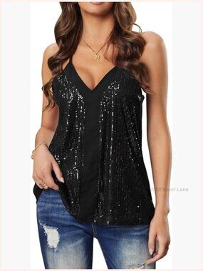 Sequin Cami Tank Top Sparkly Racerback V-Neck Sleeveless Loose Fit